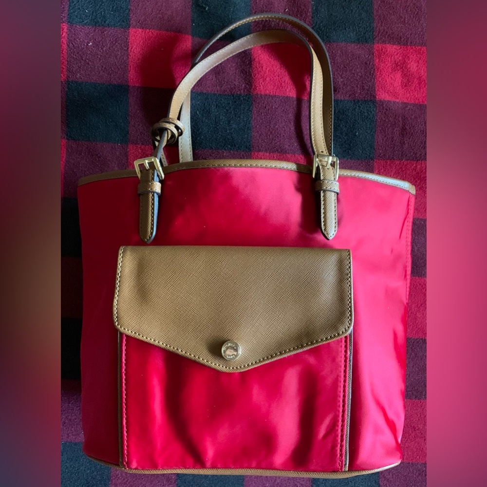 Michael Kors Logo Purse Tote Red Gold Montauk Nylon Medium.  Pre owned